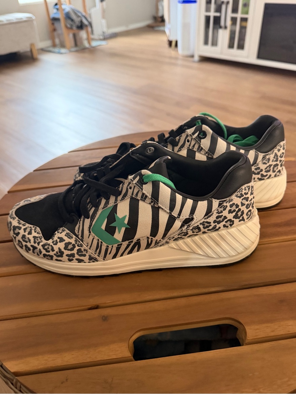 Converse Women's Black & White Animal Print Sneakers with Green Accent